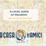 Illustrated map of Palermo with an A Casa di Amici traveller holding a map.