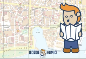 Illustrated map of Palermo with an A Casa di Amici traveller holding a map.